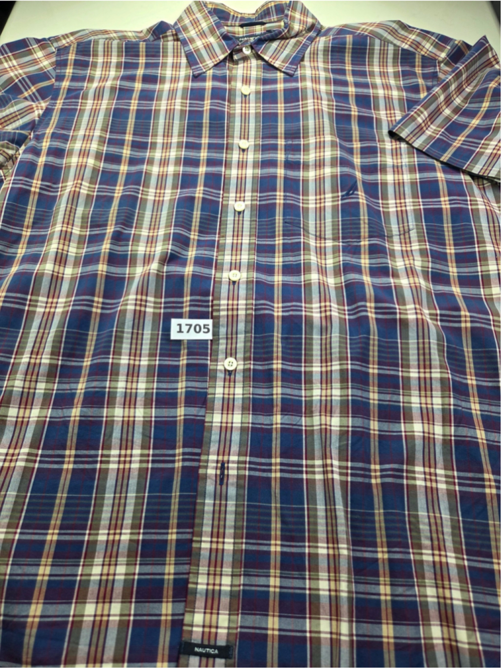Men's Nautica Casual Button Down Shirt Size L Blue Beige Plaid #1705